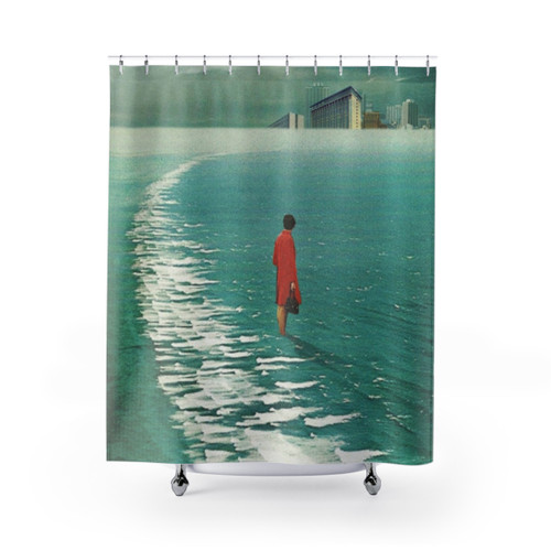 Vintage Collage Shower Curtains with Urban Landscape and Woman