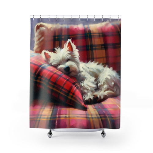 Westie Sleeping on Tartan Shower Curtains