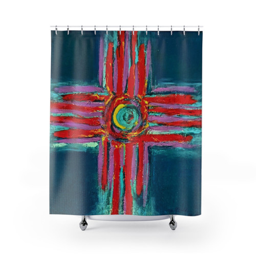 Vibrant Zia Symbol Shower Curtains - Aqua, Lavender, Red
