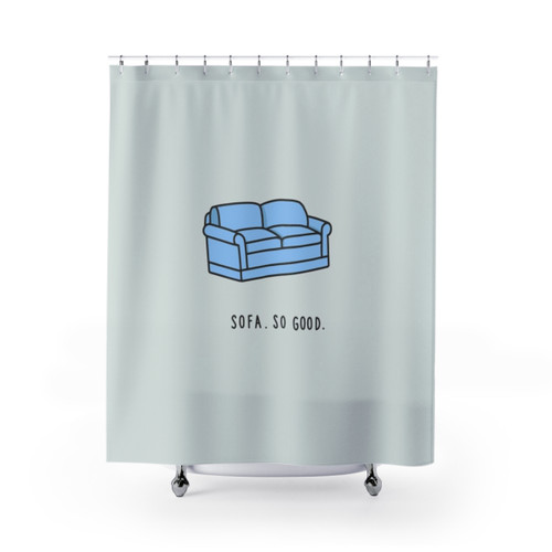 Couch-themed shower curtains for a relaxing bathroom