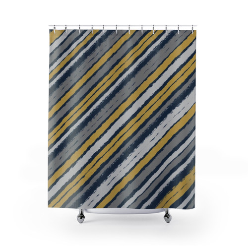 Modern Striped Shower Curtains in Blue, Grey and Mustard