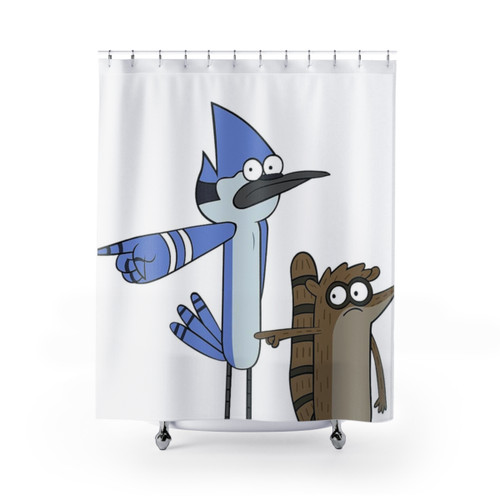 Mordecai and Rigby Pointing Cartoon Shower Curtains