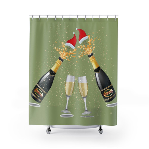 Christmas Cheers Shower Curtain with Santa, Gifts, and Wine