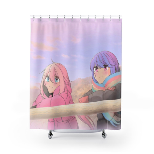 Yuru Camp Anime Shower Curtains featuring scenic winter landscapes and the main characters