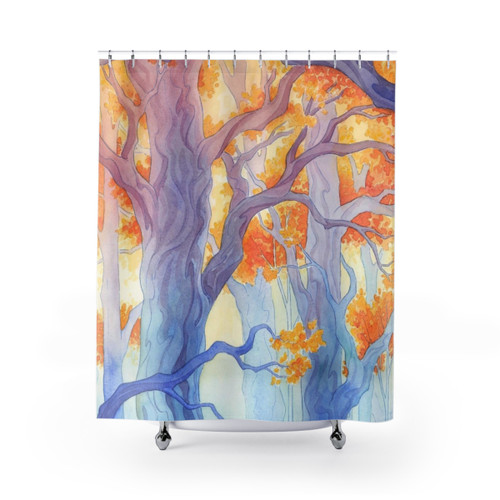 Whimsical fantasy shower curtains with a watercolor design of a ship crossing a body of water surrounded by trees and forests