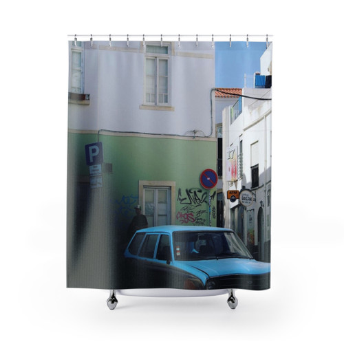 Portugal-themed shower curtain with blue road, city, and old car