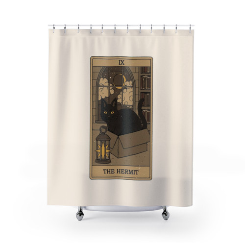 Magical Hermit Shower Curtains featuring cats, tarot, and witchcraft imagery