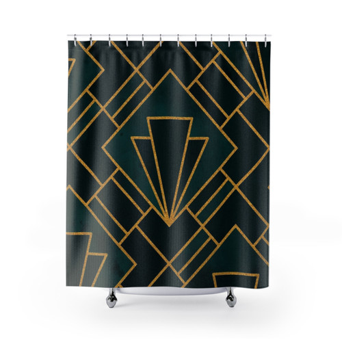 Green Art Deco Shower Curtains with Geometric Patterns