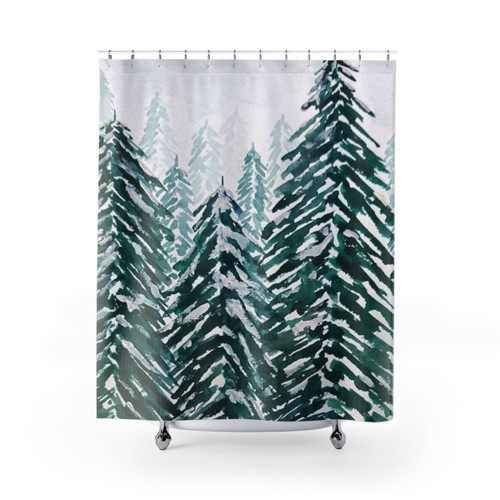 Hand Painted Snowy Pine Forest Green Shower Curtain
