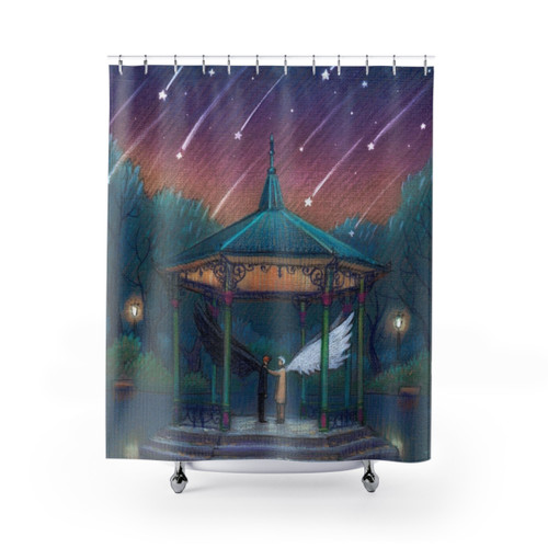 Starfall Shower Curtains featuring Illustory Art with angels, demons, stars, and night sky