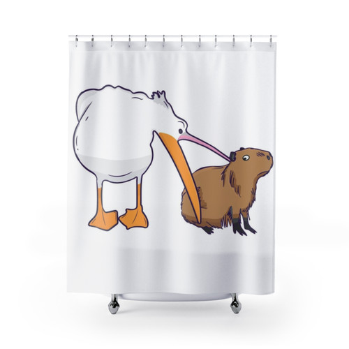 Pelican Tries to Eat Funny Cute Capybara Meme Shower Curtains