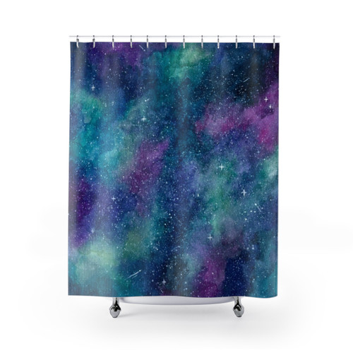 Teal, Blue and Purple Watercolor Galaxy Shower Curtain