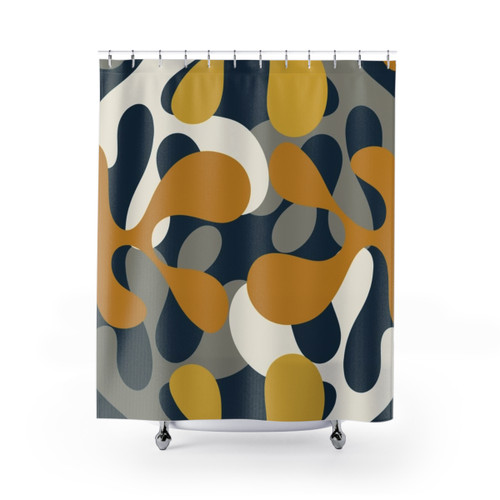 Modern Abstract Shower Curtains with Codium Pattern in Mustard, Navy Blue, and Gray