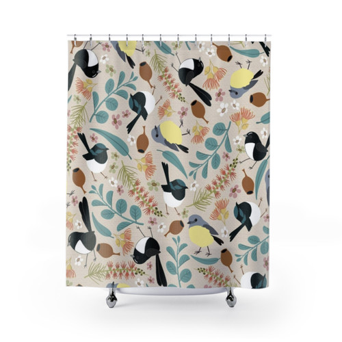 Australian wildlife-themed shower curtain featuring willy wagtails and other native birds