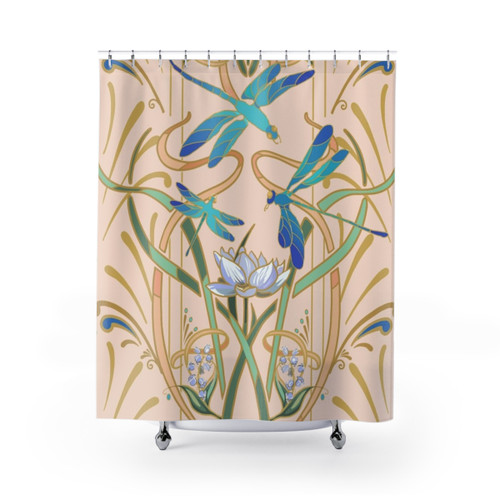 Art Nouveau Blush Shower Curtain with Dragonflies Pattern