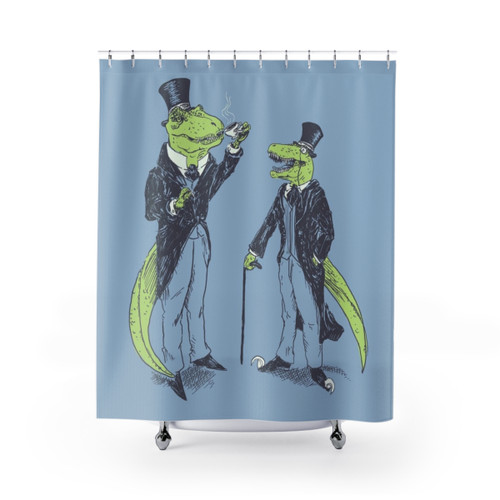 Dinosaur shower curtains with dapper gentleman design
