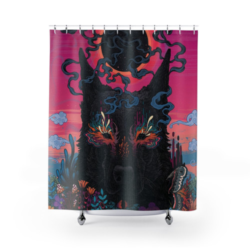 Psychedelic dog-themed shower curtain with neon colors and surreal floral patterns
