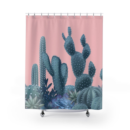 Serenity Cactus Shower Curtain with Rose Quartz Background