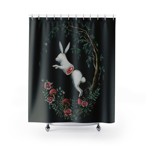 Whimsical Jump Apart Shower Curtains featuring rabbits and floral designs