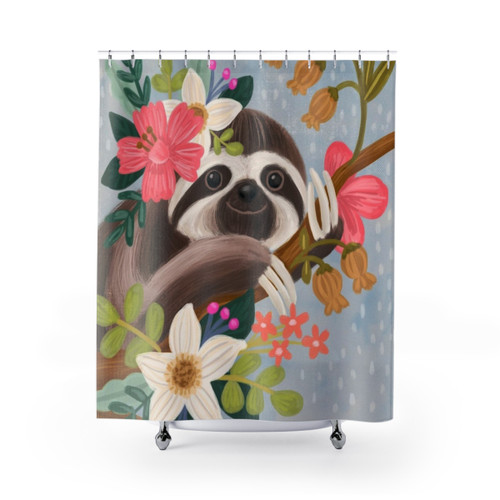 Cute Sloth Shower Curtain with Tropical Floral Design