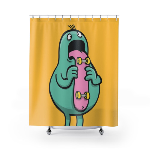 Skate Language Shower Curtains featuring a cartoon monster skater