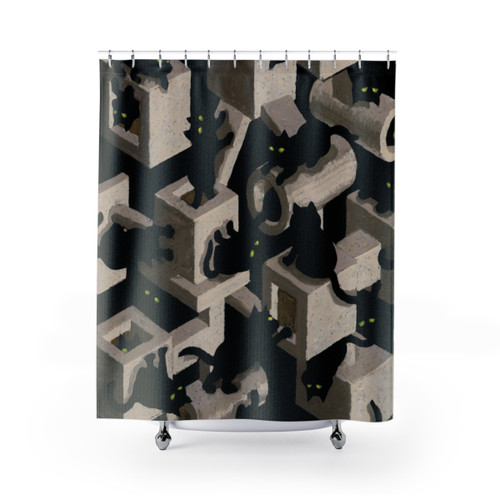Optical Illusion Black Cat Tree Shower Curtains