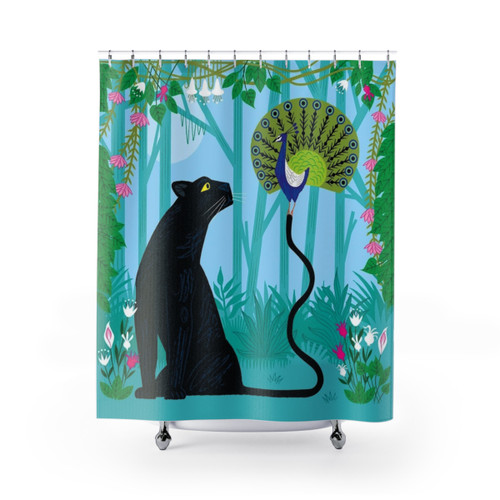 Whimsical animal print shower curtains featuring peacocks and panthers