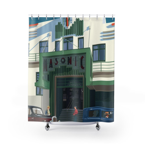 Retro Art Deco Shower Curtains with Napier Masonic Hotel Facade