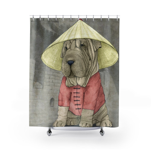 Shar Pei Shower Curtain with Cute Dog on The Great Wall