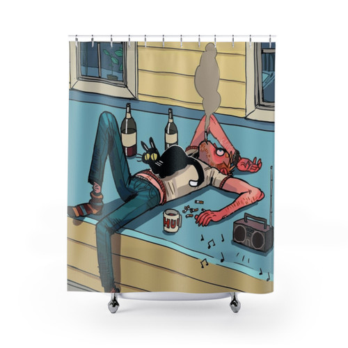 Roof-themed shower curtain with cats and smoking design