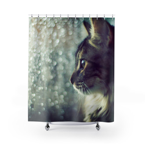Whimsical cat shower curtains with a bokeh effect