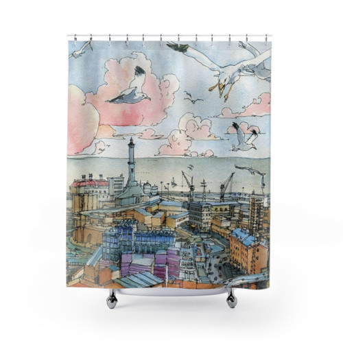 Genova e la Lanterna Shower Curtains featuring watercolor landscape of Genoa, Italy