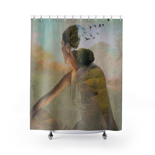 Dreamy Summer Shower Curtains featuring collage and surreal design