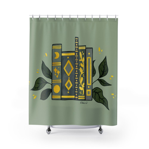 Dark green books with gold accents shower curtain