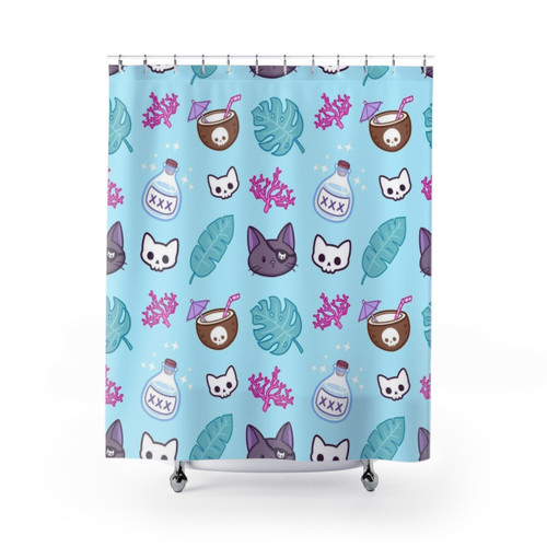 Pirate Cat Turquoise Shower Curtain by Nikury