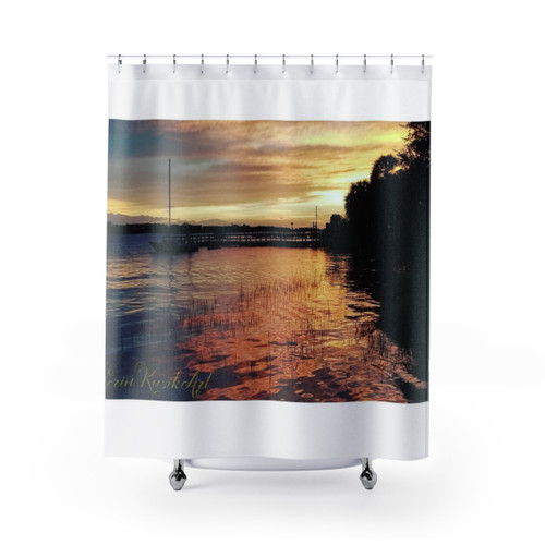 Calming landscape shower curtain with sunset over water