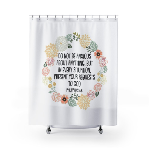 Philippians 4:6 Shower Curtains with Floral Wreath Design