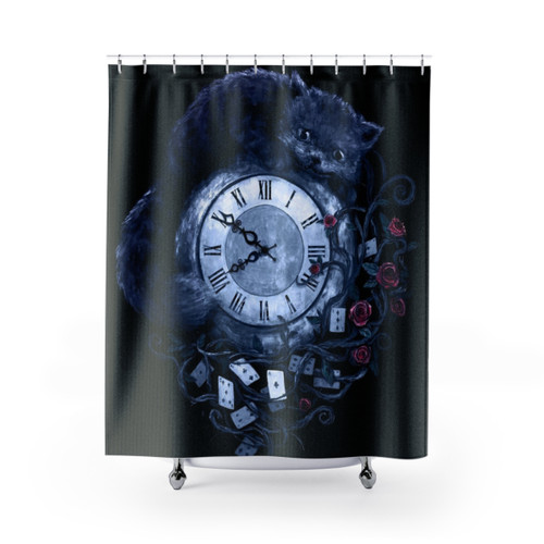 Alice in Wonderland themed shower curtain with whimsical fantasy elements