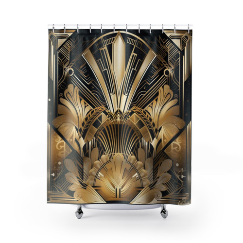Art Deco Shower Curtains with Peacock Feather and Geometric Design