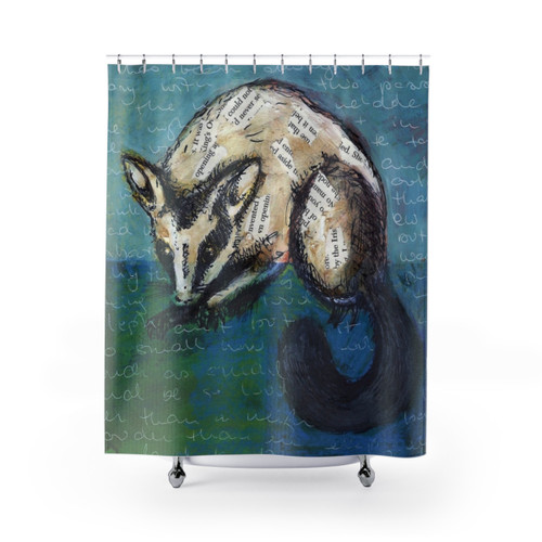 Possum-themed shower curtain featuring collage artwork by Michele Meister