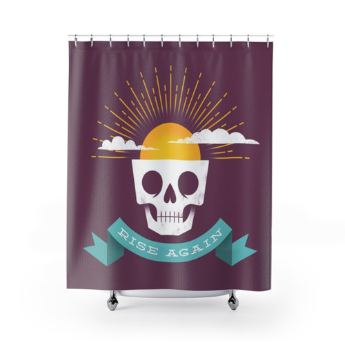 Rise Again Shower Curtains featuring a design with a skull and sun imagery