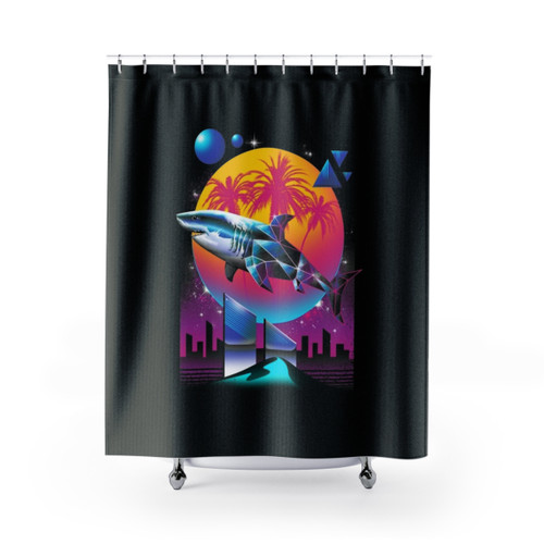 Rad Shark-Themed Shower Curtain for Cyberpunk-Inspired Bathroom