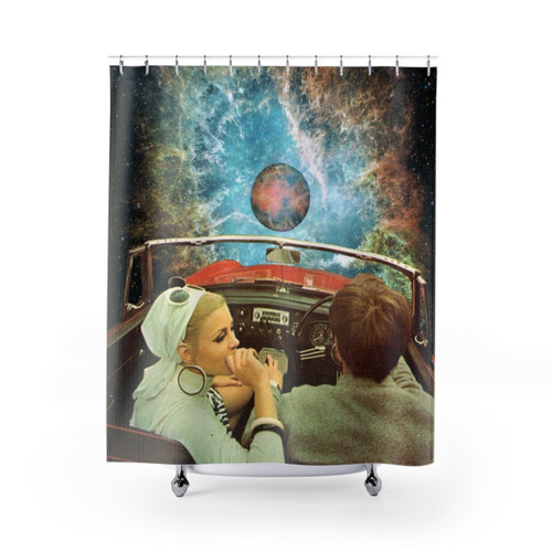 Space Trip Shower Curtains with Surreal Collage Design