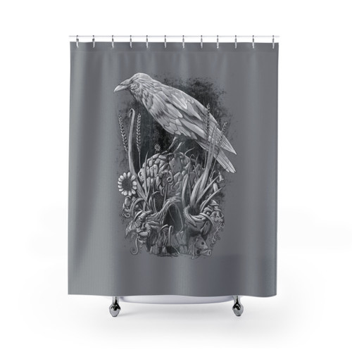 White Raven Shower Curtain with Detailed Artistic Design