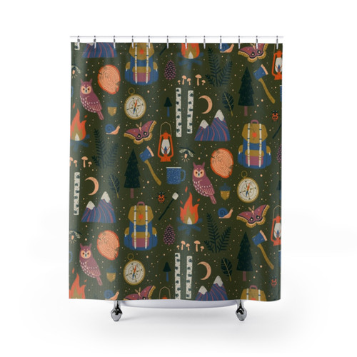 Into the Woods Shower Curtains with nature and adventure motifs