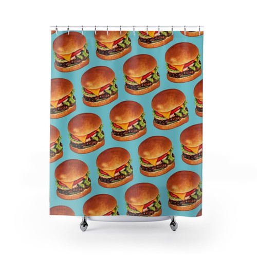 Retro Cheeseburger Pattern Blue Shower Curtain