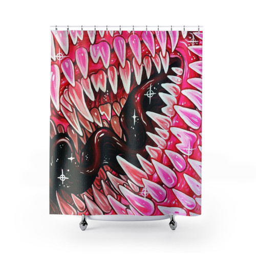 Infinite Red Shower Curtains with Creepy Mouth Design