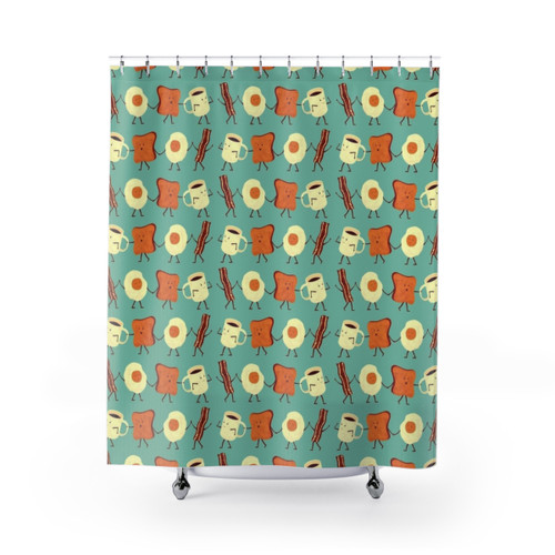Breakfast-themed shower curtain with illustrations of toast, bacon, coffee, and eggs