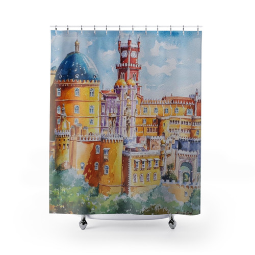 Palacio da Pena Sintra Shower Curtain with Vibrant Watercolor Painting