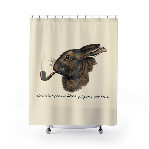 Magritte Parody Shower Curtains with Hare or Rabbit Smoking a Pipe